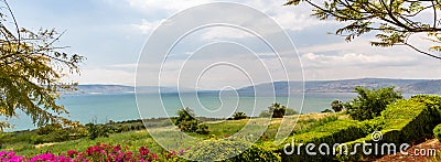 Panoramic view of the sea of Galilee from the Mount of Beatitudes, Israel Stock Photo