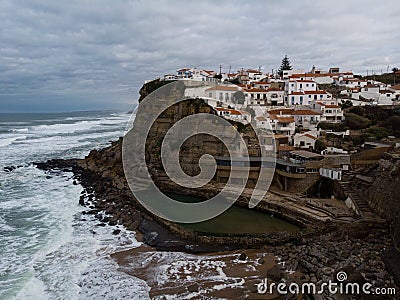 Panoramic view of seaside town Azenhas do Mar at cliff coast beach atlantic ocean in Sintra Colares Portugal Editorial Stock Photo