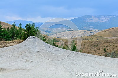 Panoramic view shot near muddy volcano. Dry land in natural park Stock Photo