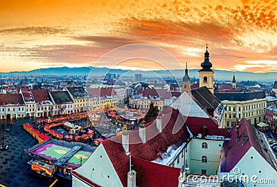 Panoramic view of Sibiu central square in Transylvania, Romania. Stock Photo
