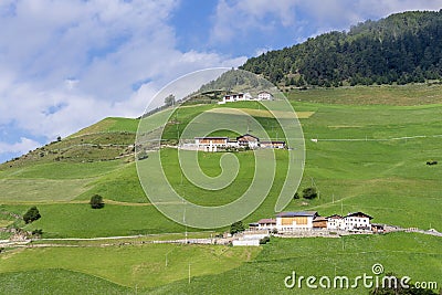 Panoramic view of the Silandro mountain and the pastures of this rural area, South Tyrol, Italy Stock Photo