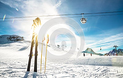 Panoramic view of ski resort and chair lift in french alps Stock Photo