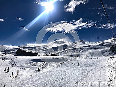 Panoramic view of ski resort, slope, people on the ski lift, skiers on the piste in Valle Nevado Editorial Stock Photo