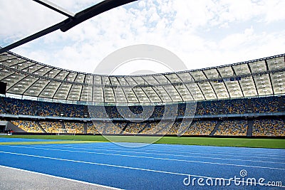 Panoramic view of soccer field stadium and stadium seats. Editorial Stock Photo