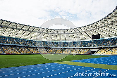 Panoramic view of soccer field stadium and stadium seats. Editorial Stock Photo