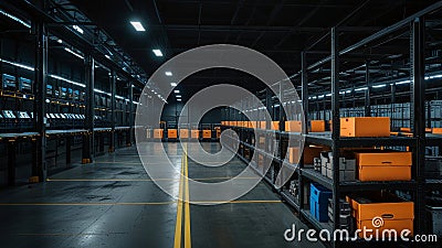 A panoramic view of a state-of-the-art robotic dark store warehouse, where robots are sorting and distributing orders Stock Photo