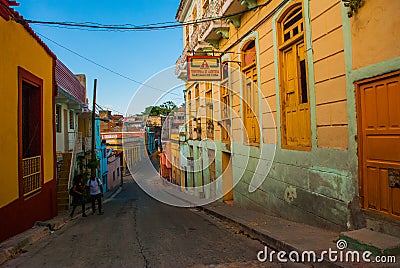 Panoramic view of the street with crumbling buildings in Santiago de Cuba, Cuba Editorial Stock Photo