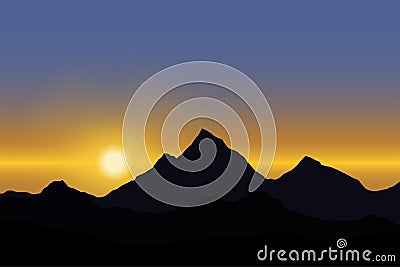 Panoramic view of the sunrise over the mountain landscape under blue sky Vector Illustration
