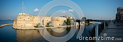 Panoramic View of the Taranto Canal Boat and the Aragonese Castle Editorial Stock Photo