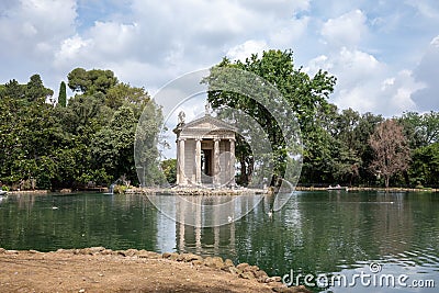 Panoramic view of Temple of Asclepius (Tempio di Esculapio) and lake Stock Photo