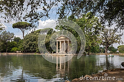 Panoramic view of Temple of Asclepius (Tempio di Esculapio) and lake Stock Photo