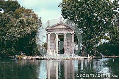 Panoramic view of Temple of Asclepius (Tempio di Esculapio) and lake Stock Photo