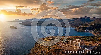 Panoramic view of the Temple of Poseidon at Cape Sounion at the edge of Attica, Greece Stock Photo