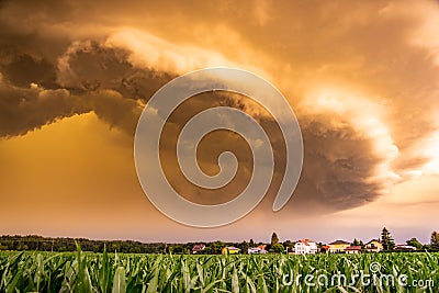 Panoramic view of a terrifying dark thunderstorm approaching Stock Photo