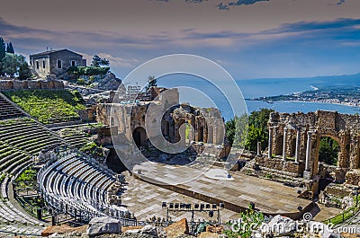 Panoramic view of the theater of taormina and mediterranean back Stock Photo