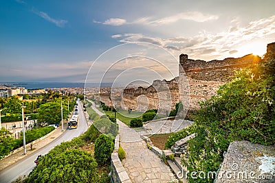 Panoramic view of Thessaloniki city and castles, sunset time, Gr Stock Photo