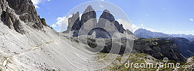 Panoramic view of the three Cime of Lavaredo Stock Photo