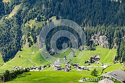 Panoramic view from the Timmelsjoch high alpine road in Texelgruppe to village of Moos in Passeier region, Oetztal Alps, Tyrol, Stock Photo