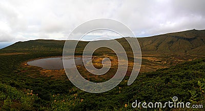 Panoramic view to Caldeira Branca lake at Flores island, Azores. Portugal Stock Photo