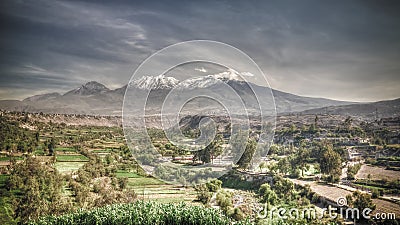 Panoramic view to Chachani mountain and Arequipa city from Yanahuara viewpoint, Arequipa, Peru Stock Photo