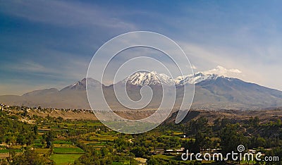 Panoramic view to Chachani mountain and Arequipa city from Yanahuara viewpoint, Arequipa, Peru Stock Photo