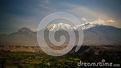 Panoramic view to Chachani mountain and Arequipa city from Yanahuara viewpoint in Arequipa, Peru Stock Photo