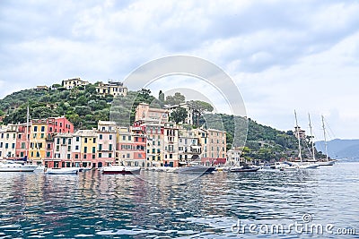 Panoramic View to colorfully painted building and see, Editorial Stock Photo