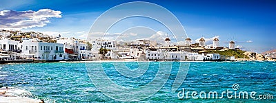 Panoramic view to the famous windmills of Mykonos Stock Photo