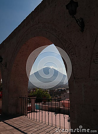 Panoramic view to misti mountain and Arequipa city from Yanahuara viewpoint, Arequipa, Peru Stock Photo