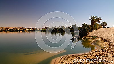 Panoramic view to Teli lake group of Ounianga Serir lakes at the Ennedi, Chad Stock Photo
