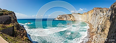 Panoramic view from the top of Chiaia di Luna beach in the Ponza island, Lazio, Italy. The beach is closed to tourists Stock Photo