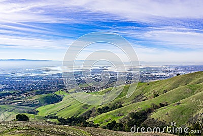 Panoramic view towards south San Francisco bay from Ed Levin county park, Milpitas & San Jose, California Stock Photo
