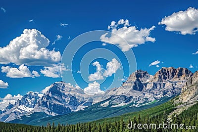 A panoramic view of towering mountains against a brilliant blue sky epitomizes summer beauty Stock Photo