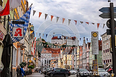 Panoramic view of traditional colorful gothic houses in Old Town, Landshut, Bavaria, Germany. Editorial Stock Photo