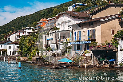 Panoramic view of traditional village of Brusino Arsizio on the shore of Lake Lugano, in Switzerland. Stock Photo