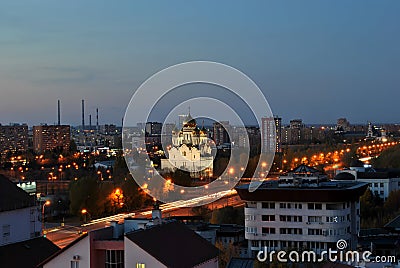 A panoramic view of the Transfiguration Cathedral and Yubileinaya Street in the city of Togliatti in the evening twilight Stock Photo
