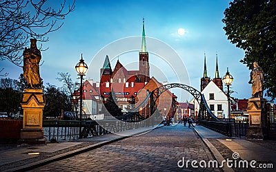 Panoramic view of Tumski Bridge and Cathedral in Wroclaw. Evening view. Wroclaw, Poland Editorial Stock Photo