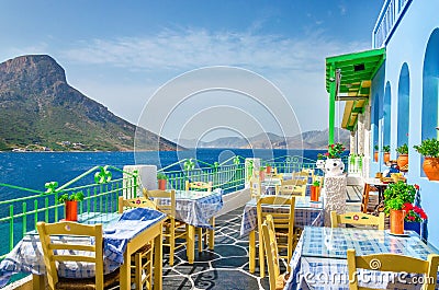 Panoramic view on typical Greek restaurant, Greece Stock Photo