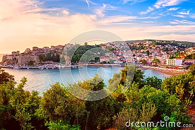 Panoramic view of Ulcinj at sunset, medieval mediterranean town, popular summer tourist resort in Montenegro Stock Photo