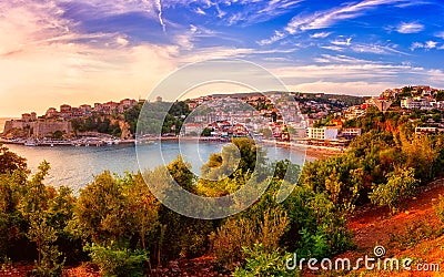 Panoramic view of Ulcinj at sunset, medieval mediterranean town, popular summer tourist resort in Montenegro Stock Photo