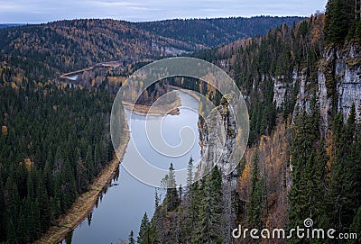 Panoramic view of the Usva River from the cliff in autumn, Russia Stock Photo