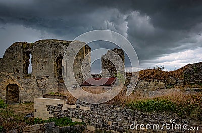 Panoramic view from Valkenburg Castle with dark clouds Stock Photo