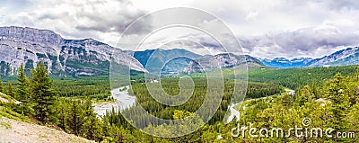 Panoramic view at the Valley of Bow river from Hoodoos view point in Banff National Park - Canadian Rocky Mountains Stock Photo
