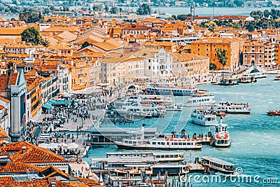 Panoramic view of Venice from the Campanile tower of St. Mark`s Cathedral Campanile di San Marco- seafront promenade near St. Editorial Stock Photo