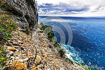 Panoramic view of vertical trail path over the sea, Liguria, Portofino Stock Photo