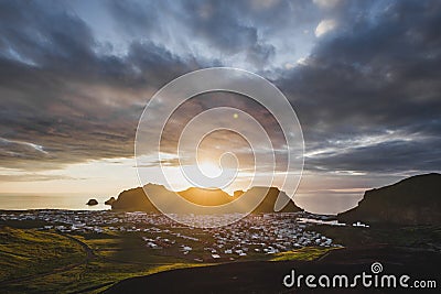 Panoramic view of Vestmannaeyjar island in Iceland from peak of Eldfell volcano Stock Photo