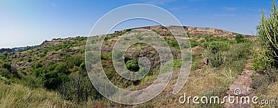 Panoramic view of wall of Mehrangarh fort from Rao Jodha desert rock park Stock Photo