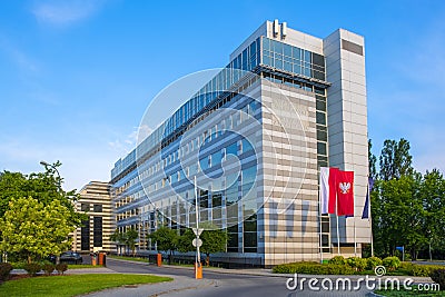 Panoramic view of the Warsaw University Management Faculty building at Szturmowa street in the Sluzew district of Warsaw, Poland Editorial Stock Photo