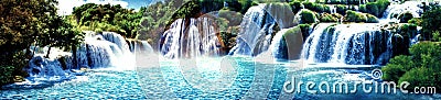 Panoramic view of waterfall and landscape. A wonderful sight of water and streams. Stock Photo