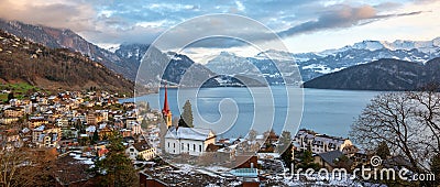 Weggis village on Lake Lucerne, swiss Alps mountains, Switzerland Stock Photo